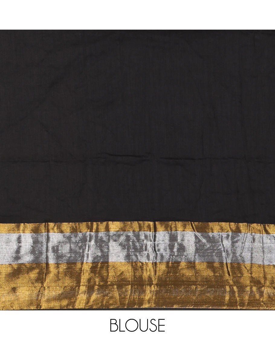 Inky black plain khadi mul cotton saree, contrast silver and golden bavanji border and matching zari border blouse