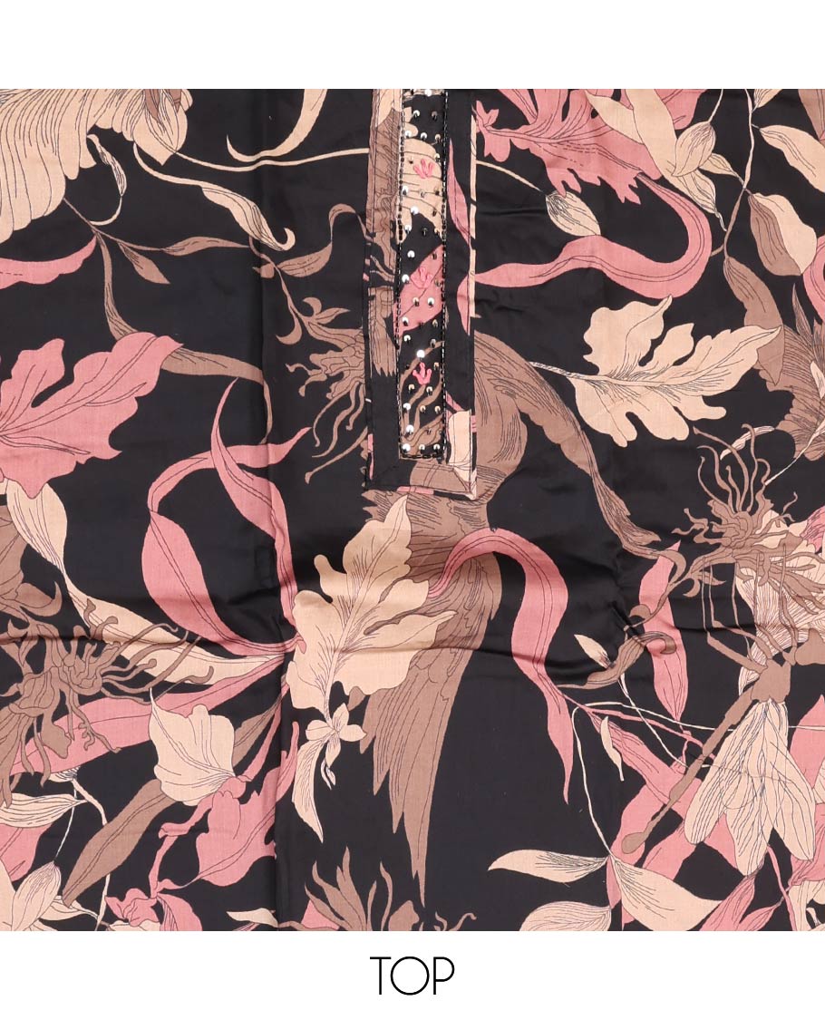 Black Material Chudidar Set, Enthralled with Tropical Floral Printed and Neck Work Rayon Top, a Plain Rayon Bottom, and Paired with Intricately Designed Chanderi Silk Dupatta