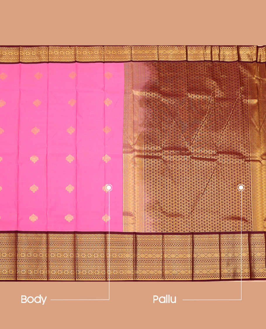 Pink Budget Silk Saree, Delicately Woven with Zari Buttas on Its Body, Complemented by a Contrast Traditional Zari Design Border, Grand Pallu, and Paired with a Contrast Blouse