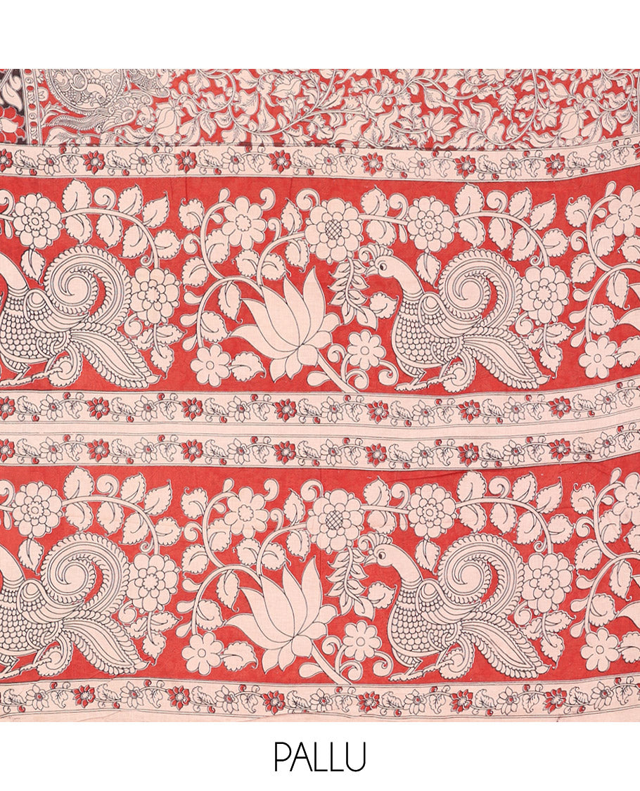 Red Kalamkari Cotton Saree, Detailed with Floral Vine Print, Contrast Floral Creeper Border, Pallu of Floral and Peacock Print, and a Matching Blouse