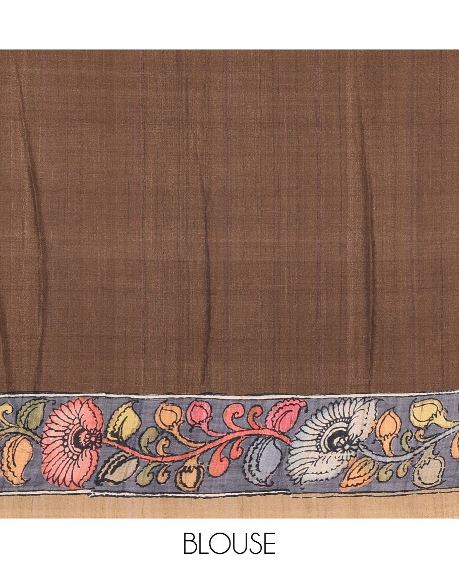 Navy blue kalamkari floral vine printed Italian crepe saree, contrast kalamkari floral creeper printed border, pallu of Pichwai and kalamkari print, and a plain blouse