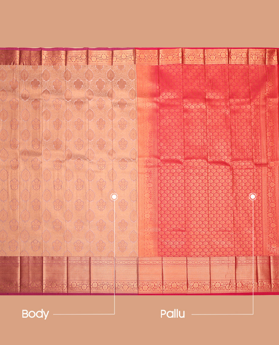 Peach Budget Silk Saree, Subtly Sparkled With Jacquard Design, Complemented by Contrast Traditional Zari Border, Grand Pallu and a Contrast Blouse