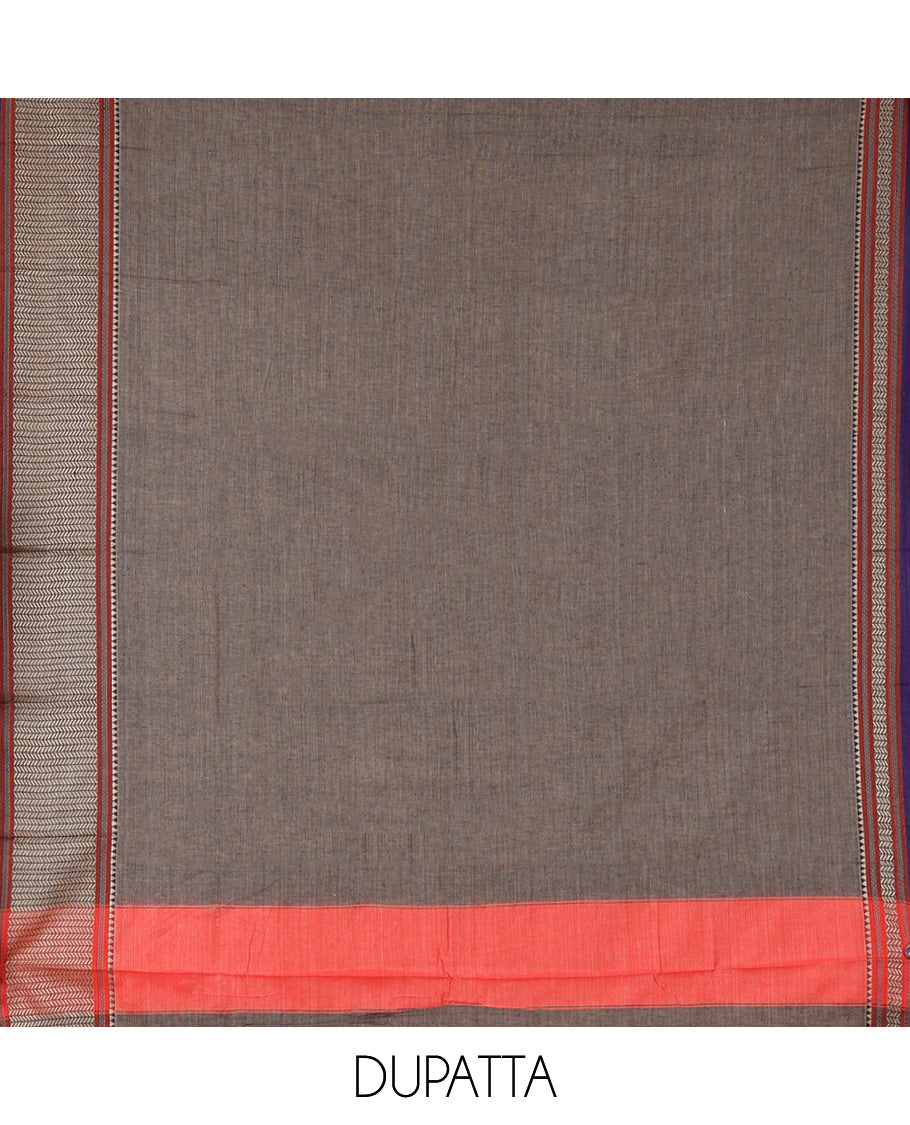 Dark Chikku Mercerised Cotton Material Churidar Features Plain Top, Contrast Traditional Thread Border, Plain Bottom, Matching Dupatta