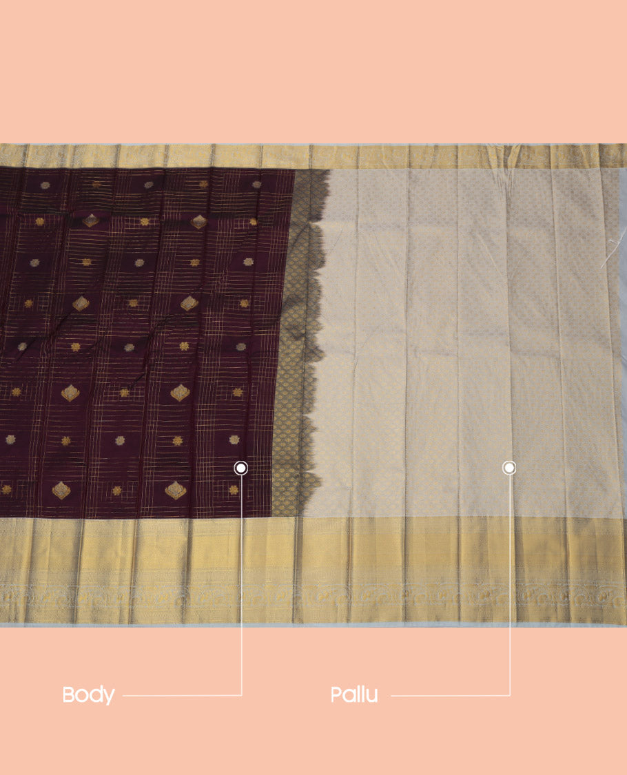 Wine Budget Silk Saree, Enriched with Zari Butta Enclosed Checks, Complemented by a Contrast Traditional Zari Border, Grand Jaal Pallu, and Contrast Blouse