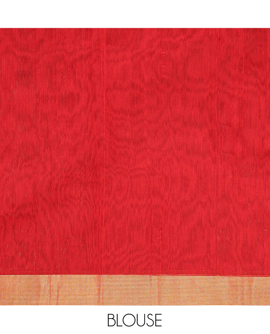 Red Maheshwari Cotton Saree, Ornamented with Zari Buttas on Its Body, Highlighted by Traditional Zari Border, Scintillating Pallu Steeped with Zari Stripes, and Paired with a Matching Blouse