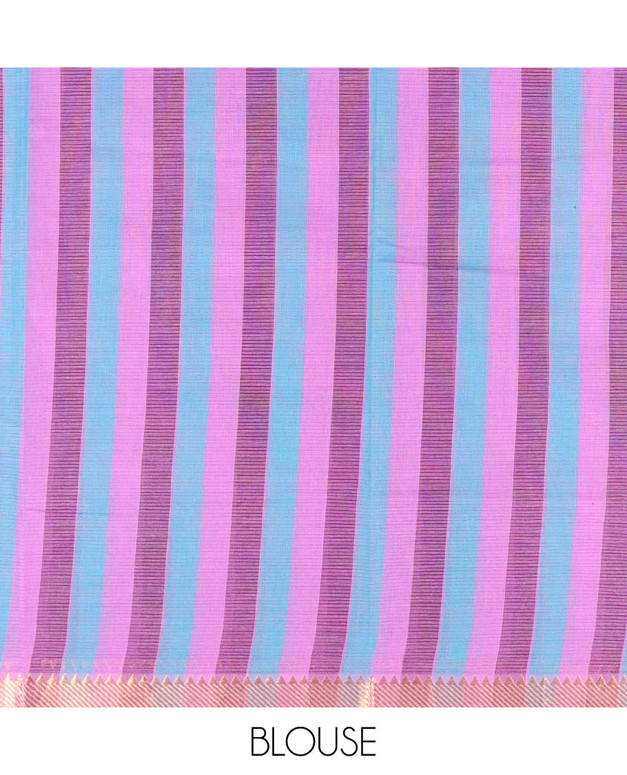 Purple Andhra Cotton Saree, Subtly Enriched with Pichwai Cow Buttas, Highlighted by a Temple Zari Border, Striped Pallu, and a Contrast Blouse