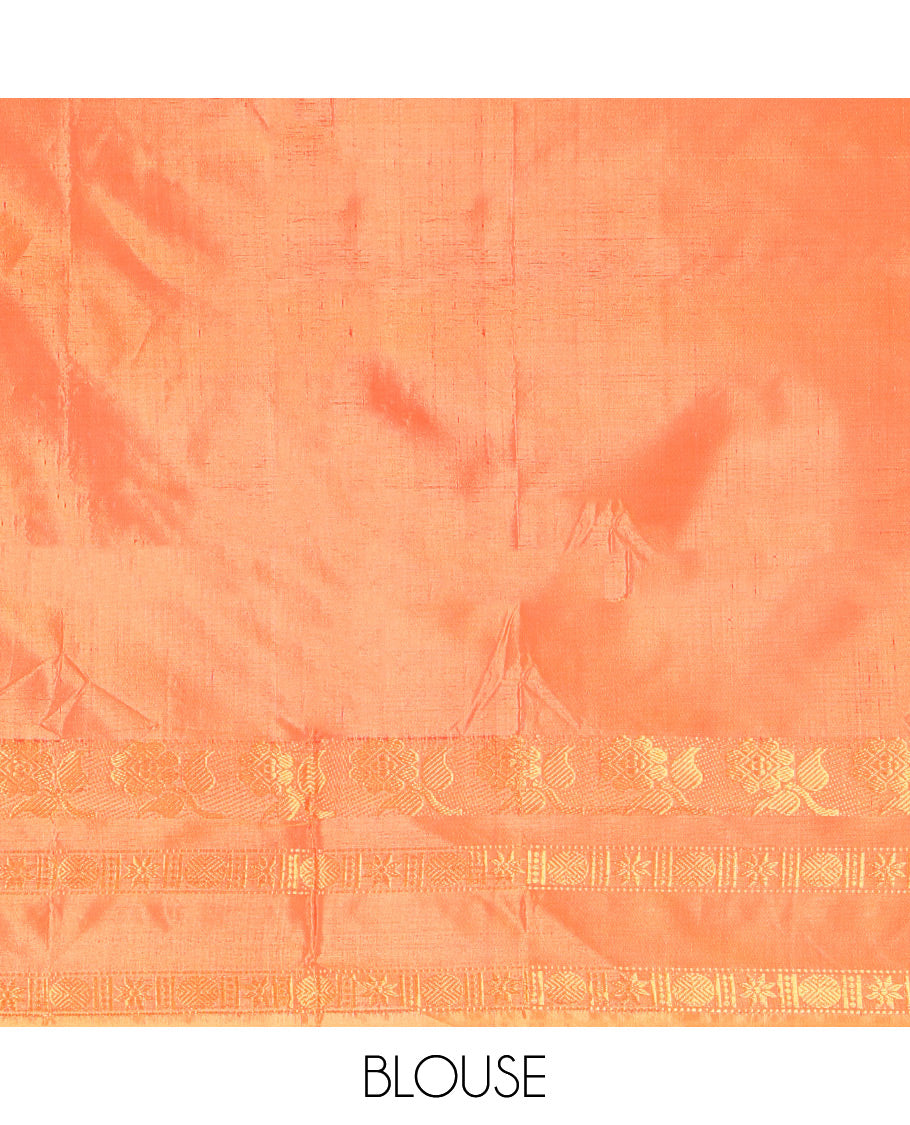 Blue Banana Pith Saree, Woven with Thread Buttas, Complemented by a Contrast Rettai Pettu Traditional Border, Pallu of Stripes and Buttas, and a Contrast Blouse