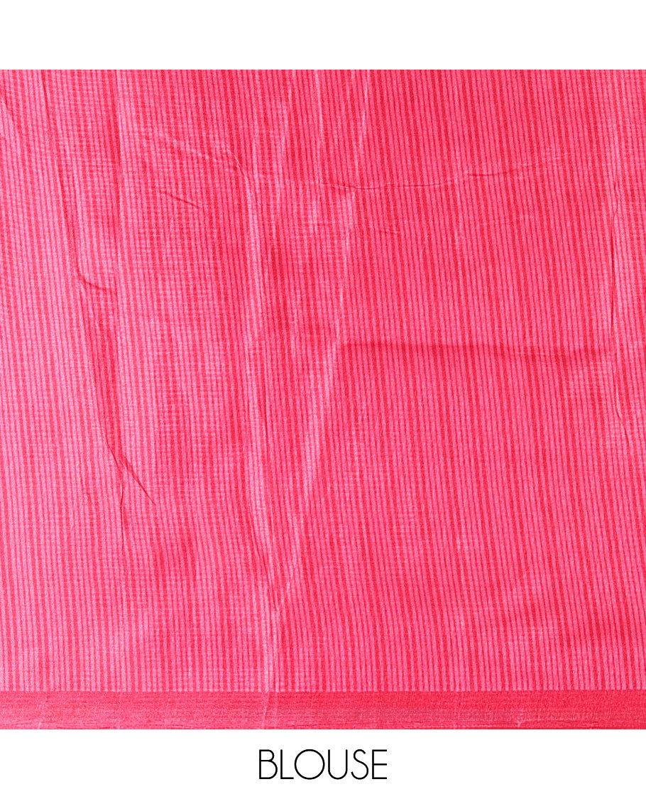 Blue polka dots printed art khadi cotton saree, contrast striped border, striped pallu, and a contrast striped blouse