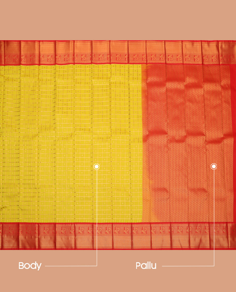 Yellow Budget Silk Saree, Subtly Sparkled With Zari Buttas and Stripes All Over Its Body, Complemented by Contrast Traditional Zari Designs Woven Border, Grand Jaal Pallu and Paired with a Contrast Blouse