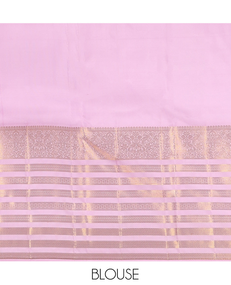 Pink Kanchipuram Silk Saree, Prettified with Zari Buttas, Highlighted by Sparsely Woven Traditional Zari Border, Grand Pallu, and Matching Blouse