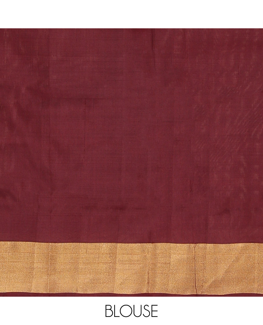 Light Sandal Uppada Silk Saree Highlighted with Paisley Buttas All Over Its Body, Complemented by Contrast Border of Temple and Chariot Designs, Grandly Woven Pallu of Temple Floral Vine Designs, and Paired with a Contrast Blouse