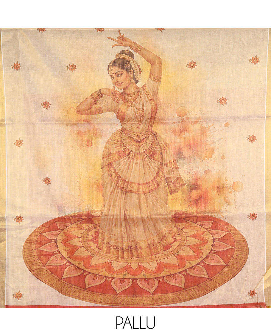 Gold Kerala Cotton Saree, Adorned with Floral Print, a Zari Border, Pallu of Bharatanatyam Girl Figurine, and a Contrast Blouse