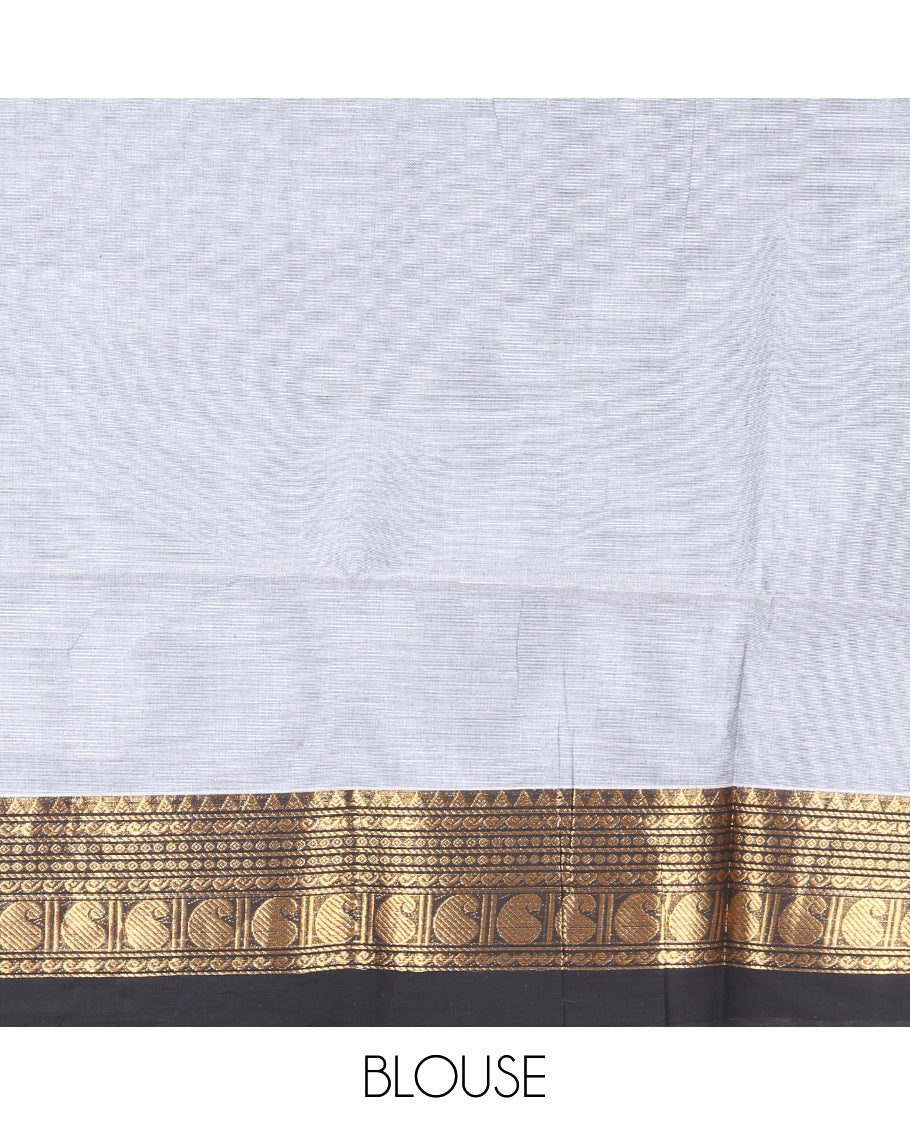 Grey Plain Chettinad Cotton Saree, Complemented by a Contrast Traditional Zari Design Woven Kal Eragina Border, Pallu of Stripes, and Paired with a Matching Blouse