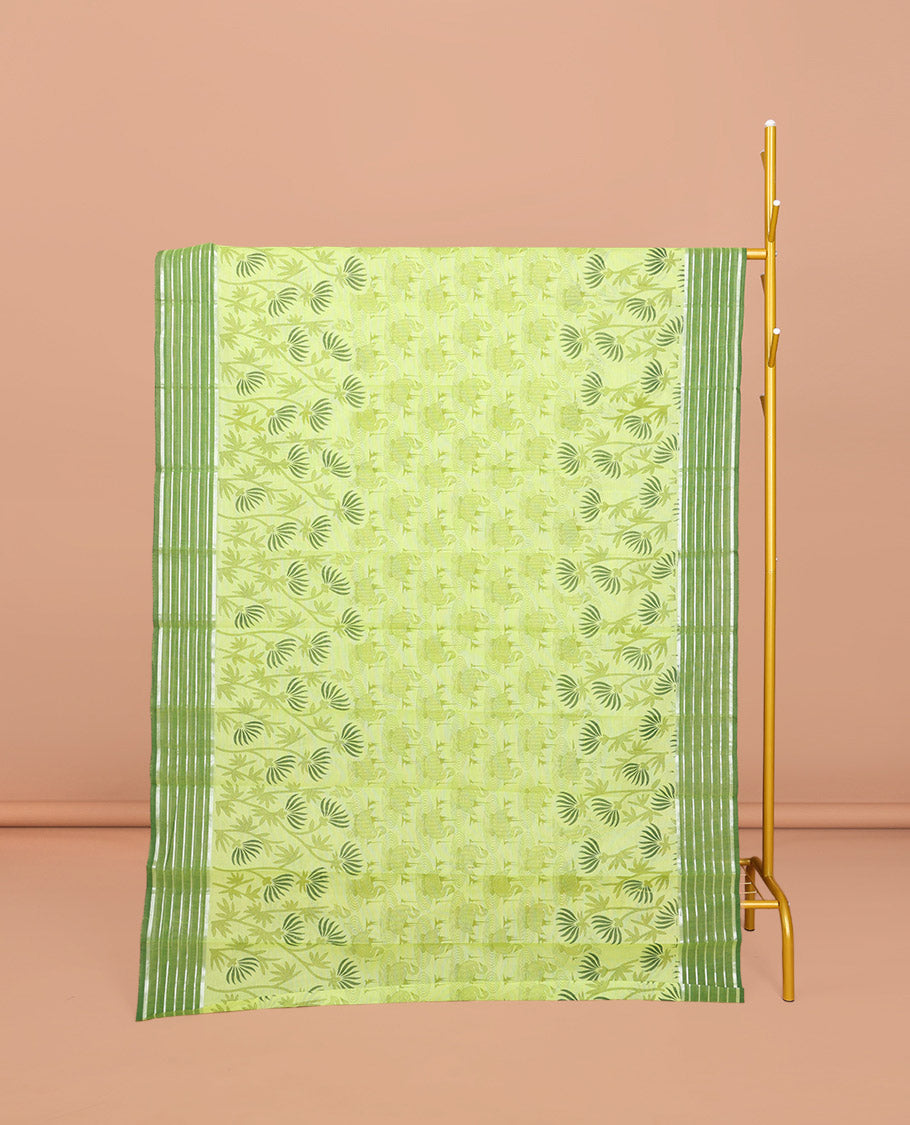 Green Chirala Cotton Saree, Bedecked with Swan and Floral Print, Contrast Striped Border, Floral Printed Pallu, and a Matching Blouse