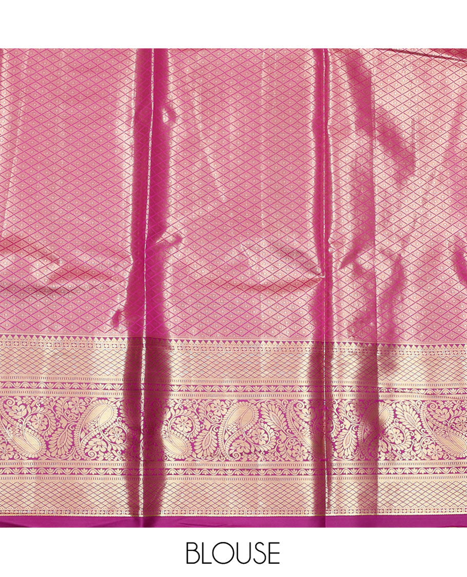 Off-white Art Silk Material Half-Saree Set, Subtly Sparkled with Jacquard Design Skirt, Complemented by Contrast Traditional Zari Designs Woven Border, Grand Jacquard Blouse, and Paired with a Intricate Blouse