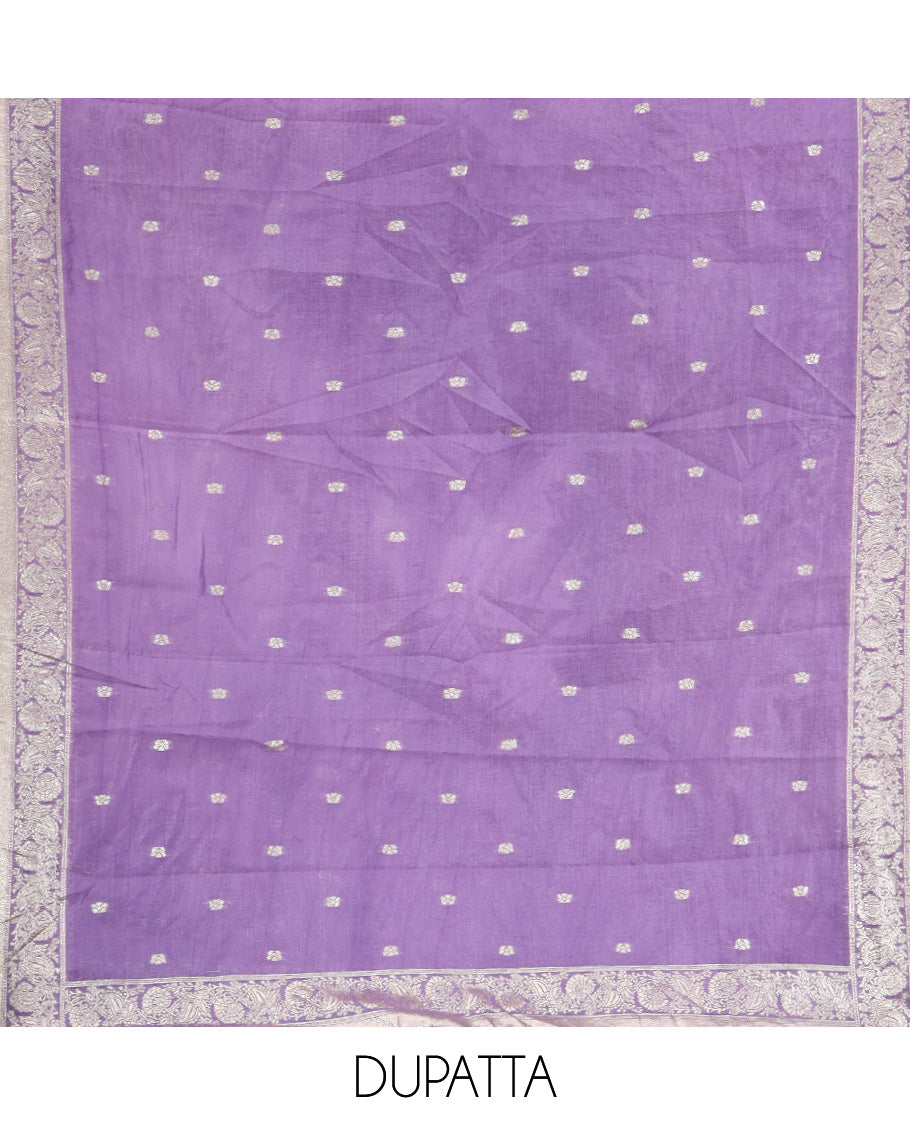 Lavender Material Churidar Set Features Gold Zari Neck Work Top, a Plain Santoon Bottom, a Banarasi Dupatta