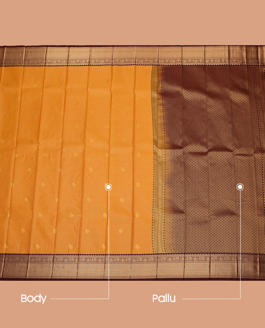 Orange Budget Silk Saree, Embellished with Zari Buttas and Micro-Checks on Its Body, Complemented by a Contrast Traditional Zari Design Border, Intricately Designed Pallu, and Paired with a Contrast Blouse