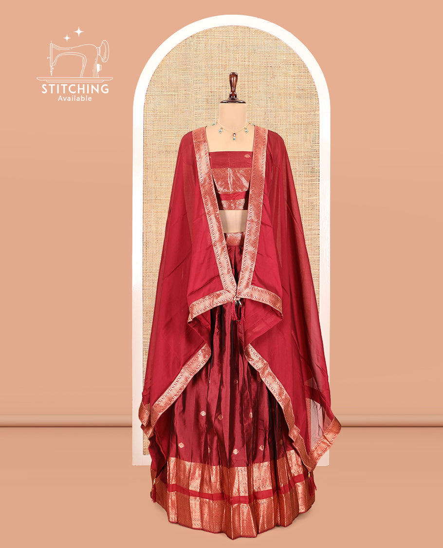 Red Semi-Silk Half-Saree, Adorned with Zari Buttas Woven Skirt, a Rettai Pettu Traditional Border, a Matching Blouse, and Dhavani