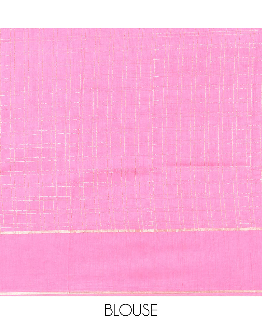 Red Assam Silk Saree, Styled with Zari Checks, Complemented by Contrast Zari Border, Zari Striped Pallu, and Contrast Blouse