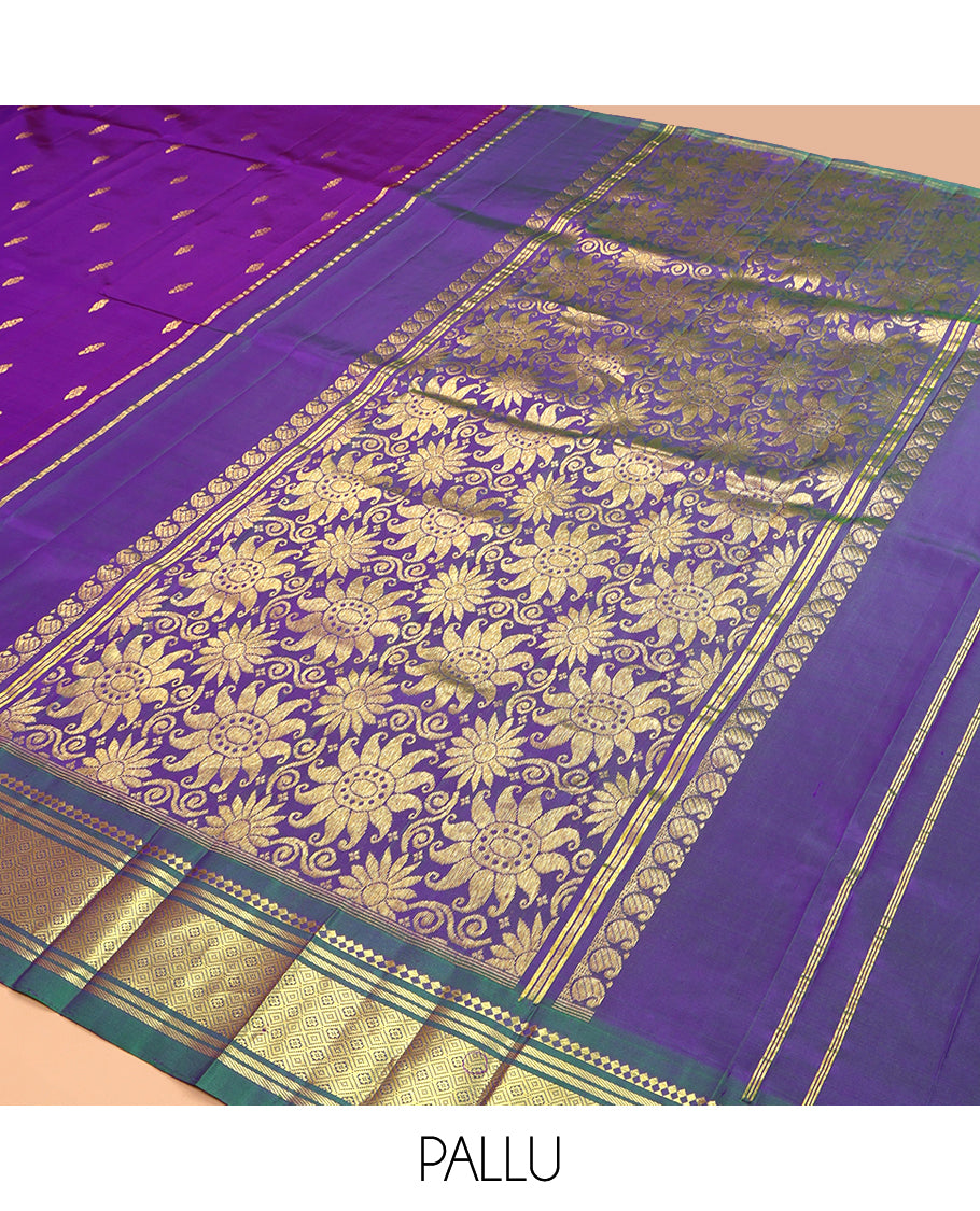 Purple Kanchipuram Silk Saree, Accentuated with Zari Buttas, a Contrast One-Sided Border of Paneer Sombu, Banaras and Jaal Design, Zari Design Pallu, and No Blouse