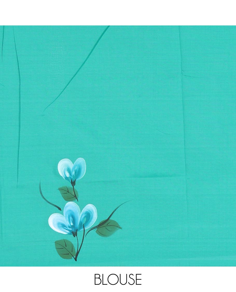 Borderless peacock green floral vine hand painting style placement printed South cotton saree and a matching floral printed blouse