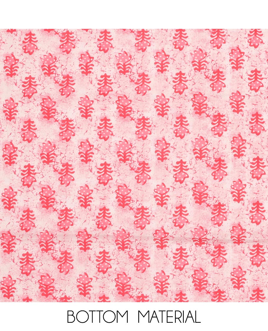 Pink chudidhar material set floral vine design top with batik floral print bottom & floral batik print dupatta