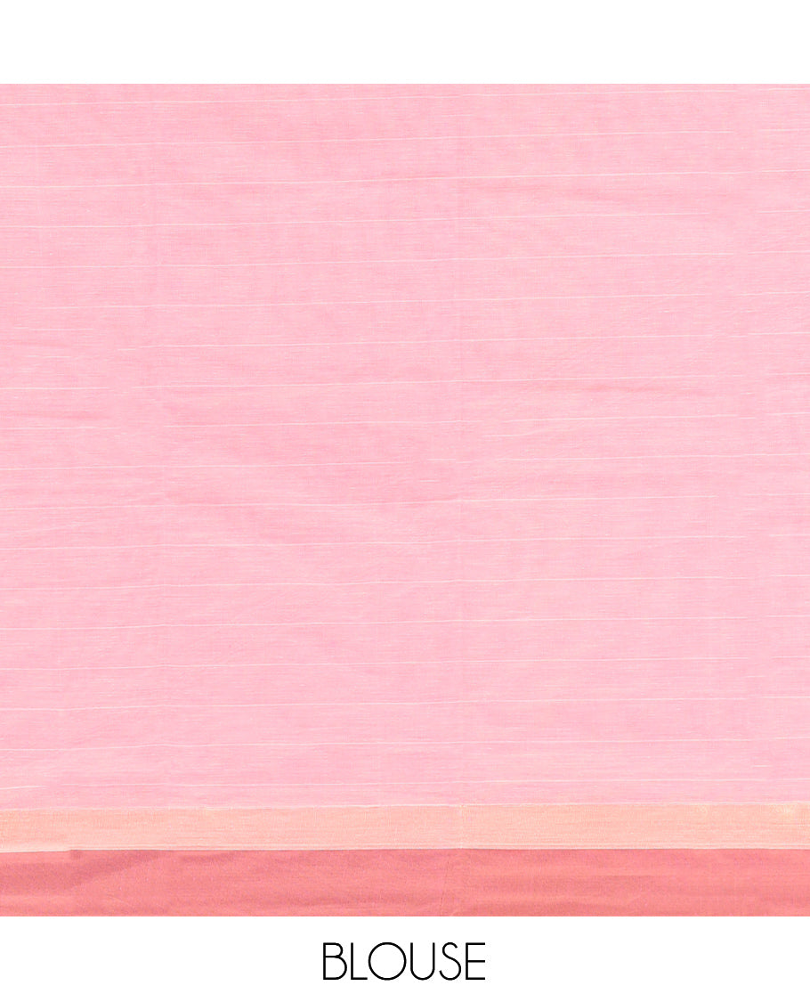Pink Kanchi Cotton Saree, Featuring Buttas and Stripes on Its Body, Contrast Border, Pallu of Floral Design, and a Matching Blouse