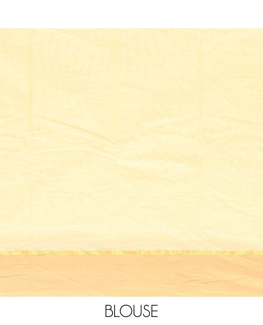 Yellow Kanchi Cotton Saree, Subtly Sparkled with Buttas All Over Its Body, Complemented by Contrast Border, Pallu of Floral Designs, and Paired with a Matching Blouse
