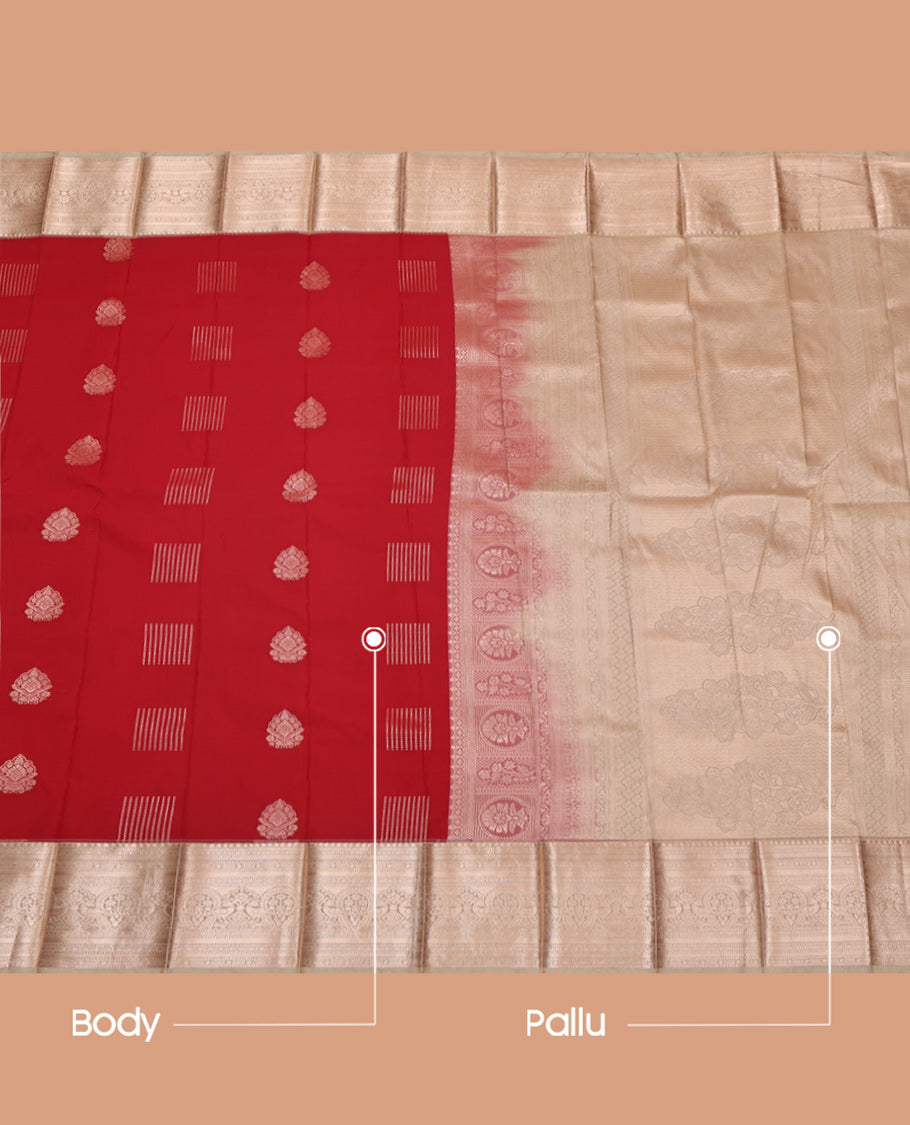 Red Budget Silk Saree, Enriched with Zari Buttas, Complemented by a Contrast Traditional Zari Border, Grand Pallu, and Contrast Blouse