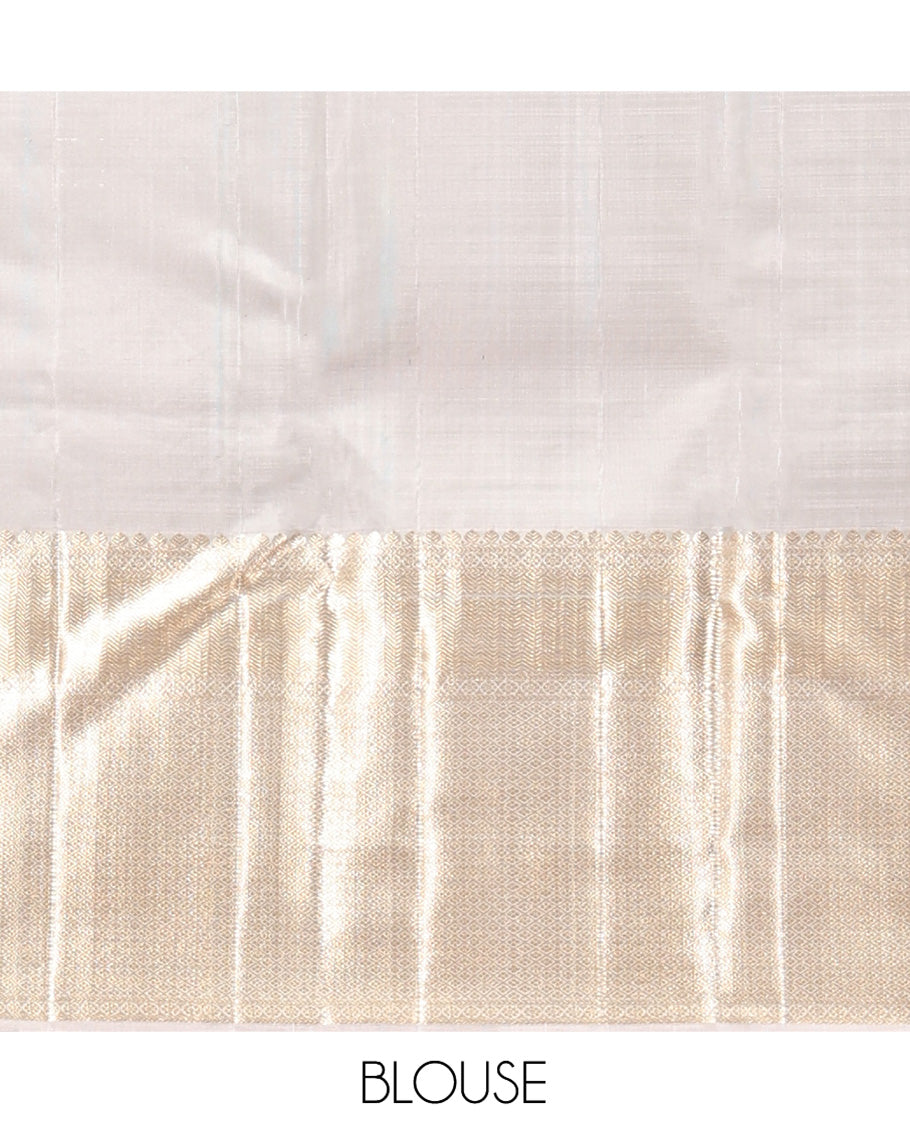 Grey Kanchipuram Wedding Silk Saree Features Jacquard Design, a Zari Border of Thilakam Mokku, Vanki, and Jaal Designs, Grand Pallu, and a Matching Blouse