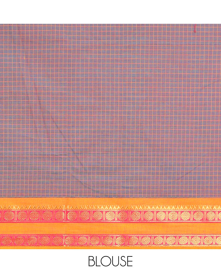 Purple checked nine yards cotton saree with traditional zari design border & checked pallu