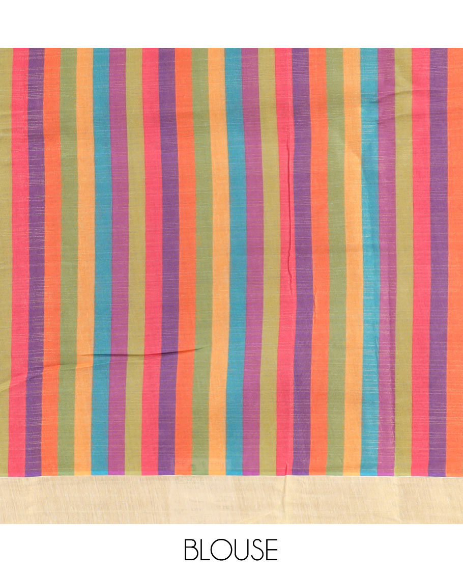 Gold Plain Kerala Tissue Cotton Saree, a Contrast Medium-Size Multi-Color Checked Border, Checked Pallu, and a Contrast Blouse