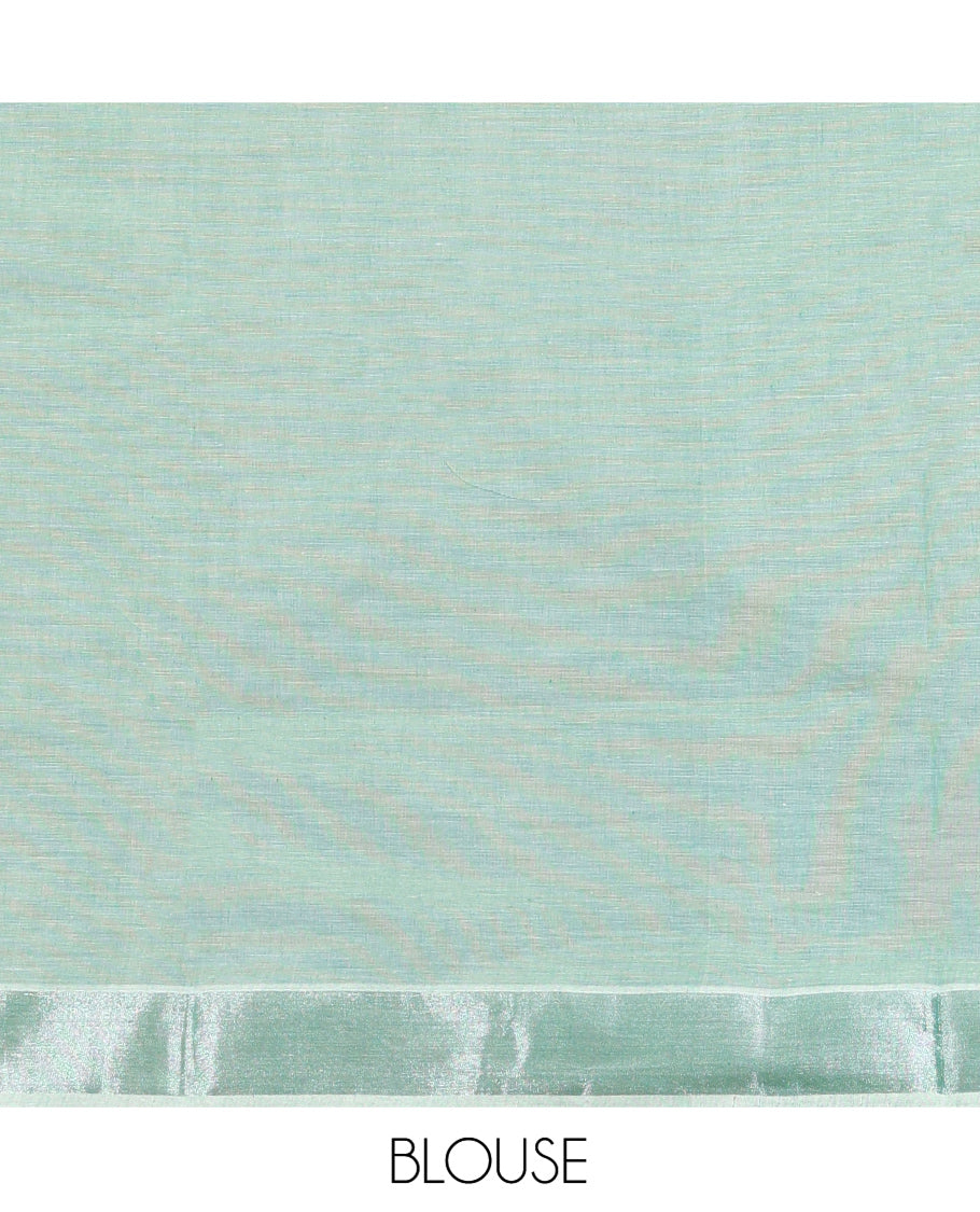 Green Kerala Cotton Saree, Woven with Buttas All Over Its Body, a Zari Bavanji Border, Pallu of Intricate Designs, and Paired with a Matching Blouse