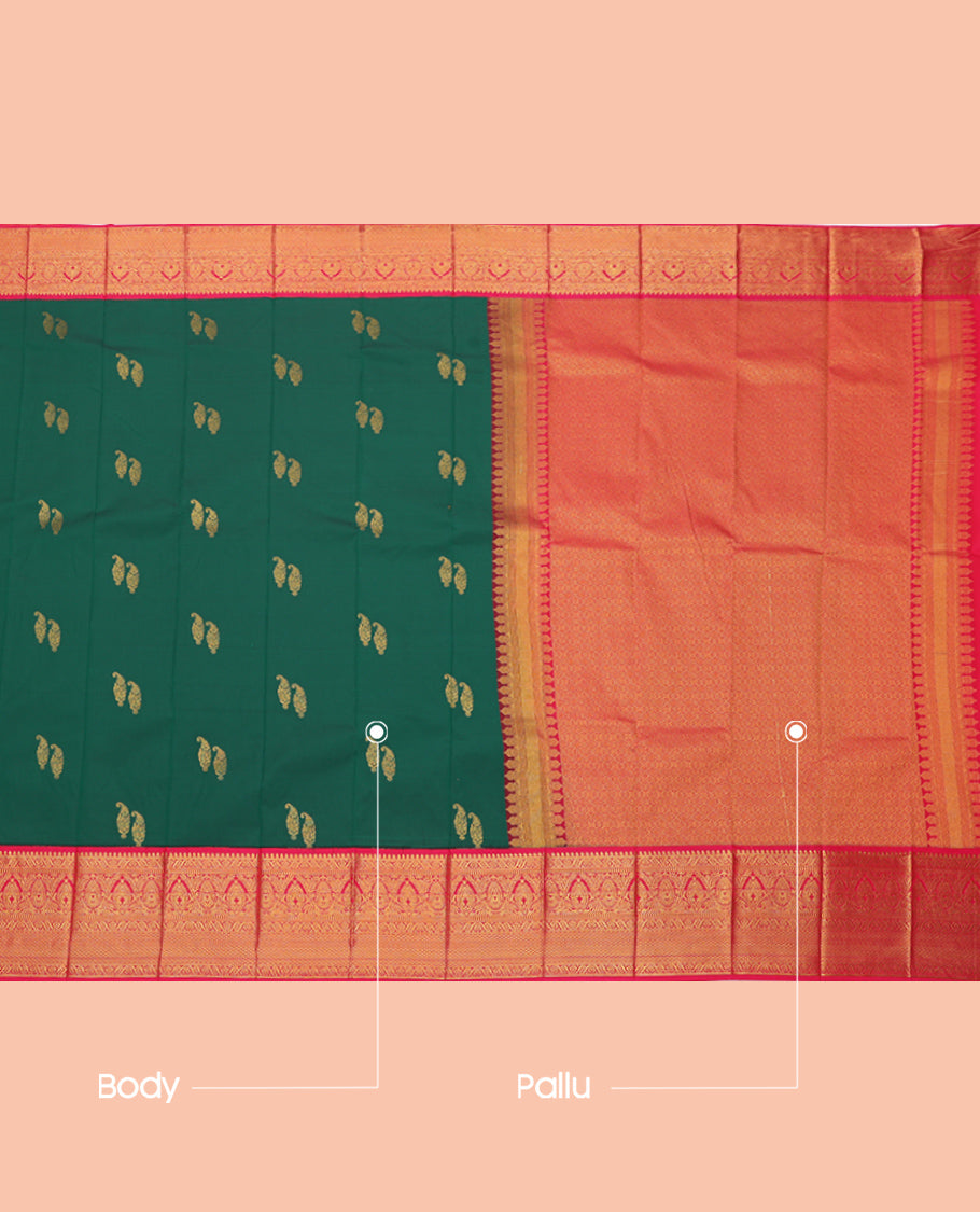 Green Budget Silk Saree, Detailed with Paisley Buttas, Complemented by a Contrast Traditional Zari Design Border, Grand Pallu, and a Contrast Blouse