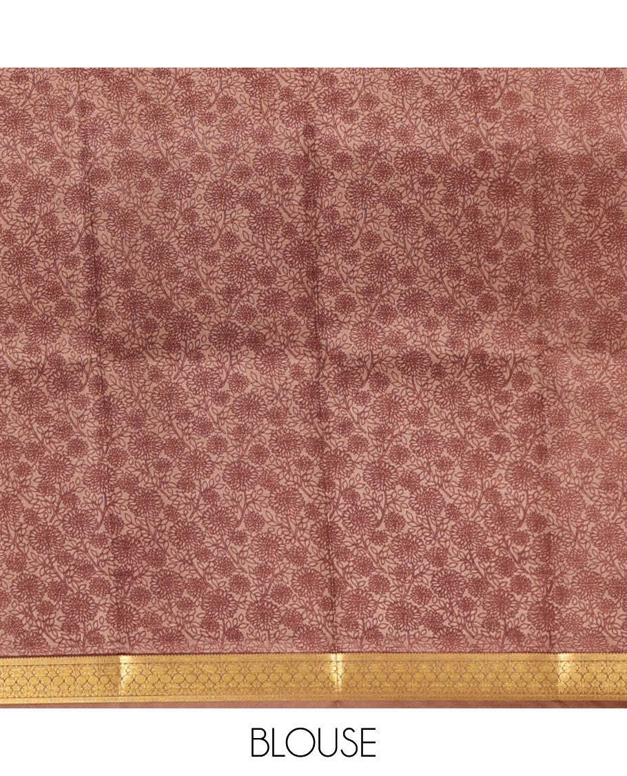 Brown Printed Silk Saree, Accentuated with Floral Jaal Prints, Highlighted by a Traditional Zari Border, Printed Pallu, and a Matching Blouse