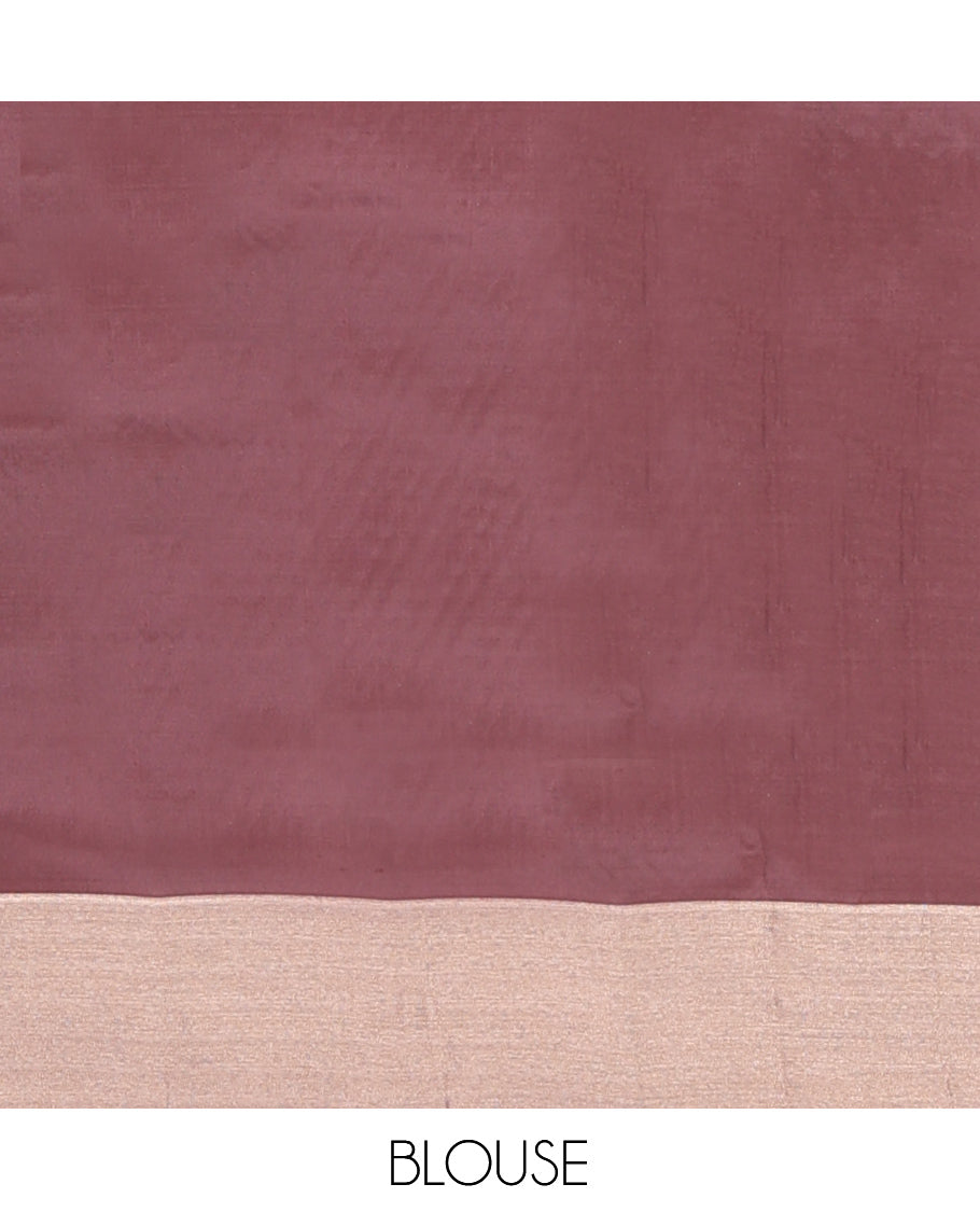 Peach Semi Uppada Saree, Ornamented with Zari Buttas, a Bavanji Border, Contrast Diagonal Leaf Vine Pallu, and a Contrast Blouse