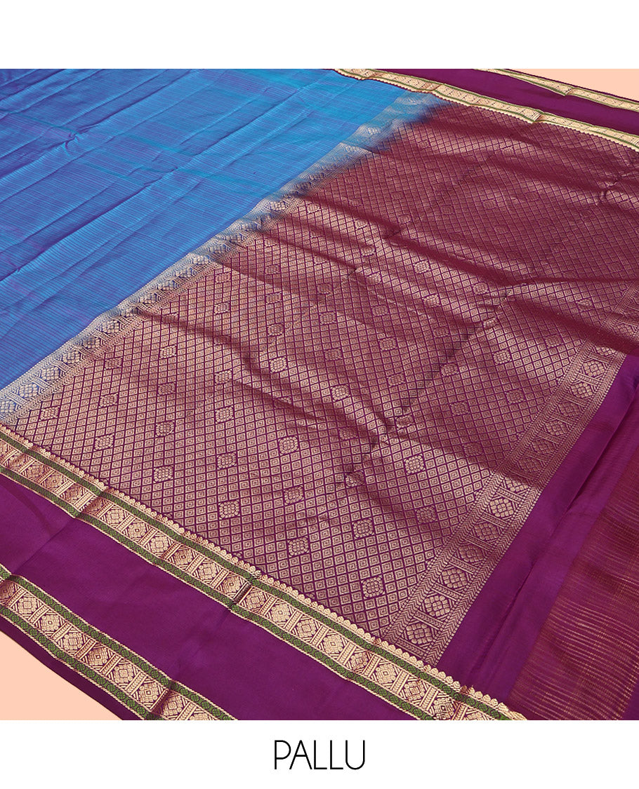 Blue Striped Kanchipuram Silk Saree, Complemented by Contrast Rettai Pettu Border, Pallu of Intricate Designs, and a Contrast Blouse