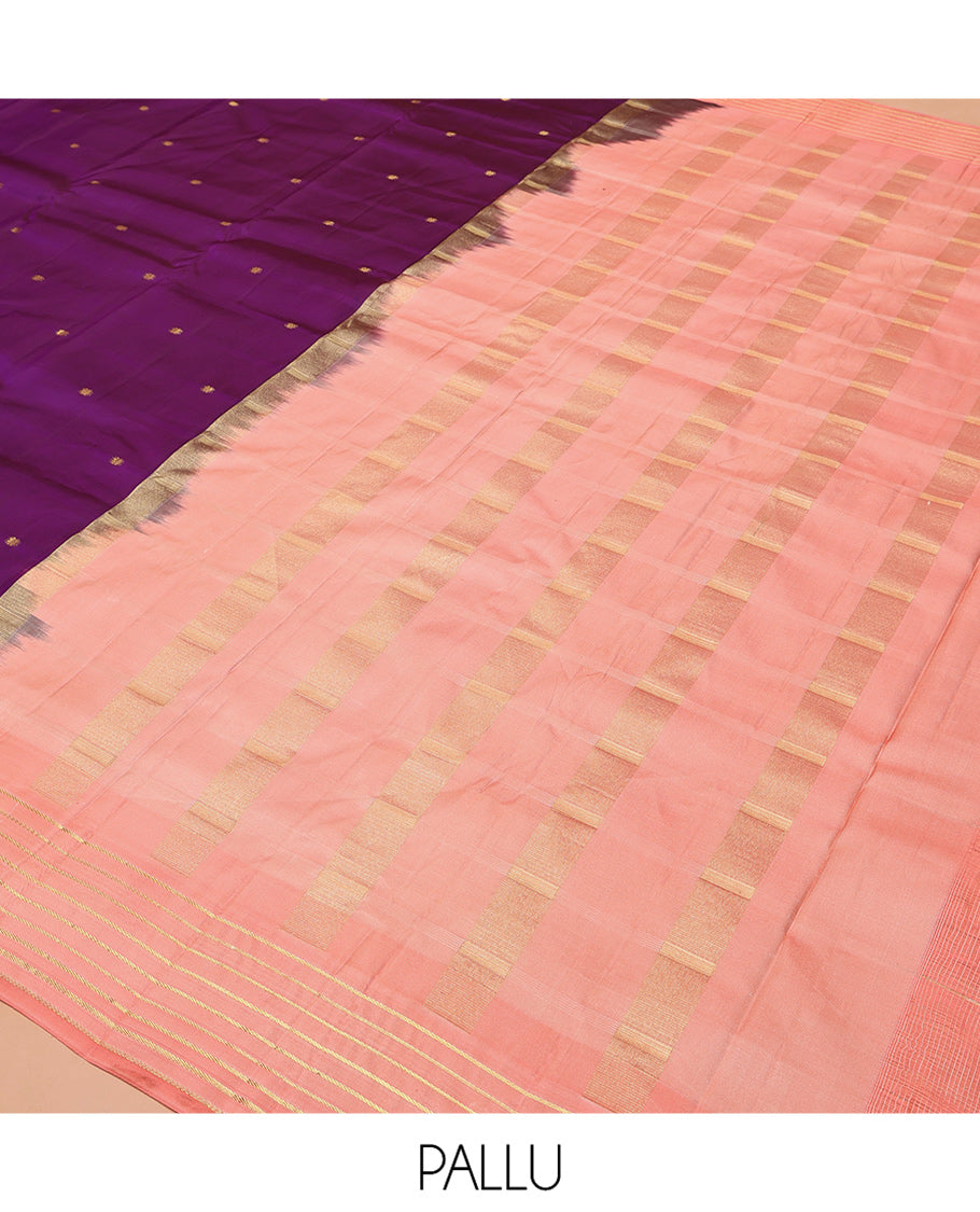 Vadamalli and Peach Pink Vasundhara Silk Saree, Enriched with Kamalam Zari Buttas All Over Its Body, Complemented by a Contrast Thazampoo Rekku Border of Banaras Designs, Gleaming Zari Striped Pallu, and Paired with a Contrast Blouse