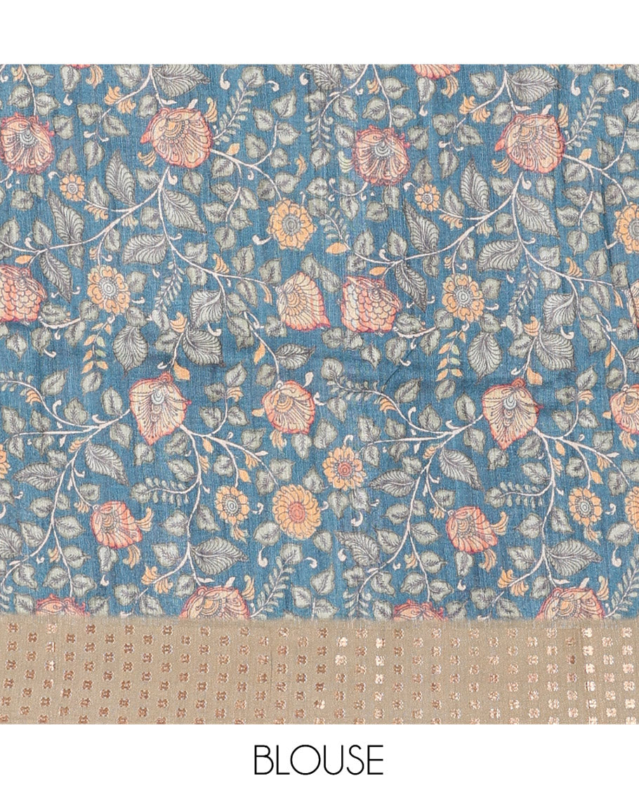 Green Plain Fancy Tussar Silk Saree, Contrast Triangle Motif Border, Pallu of Kalamkari Animal Motifs, and Contrast Kalamkari Printed Blouse