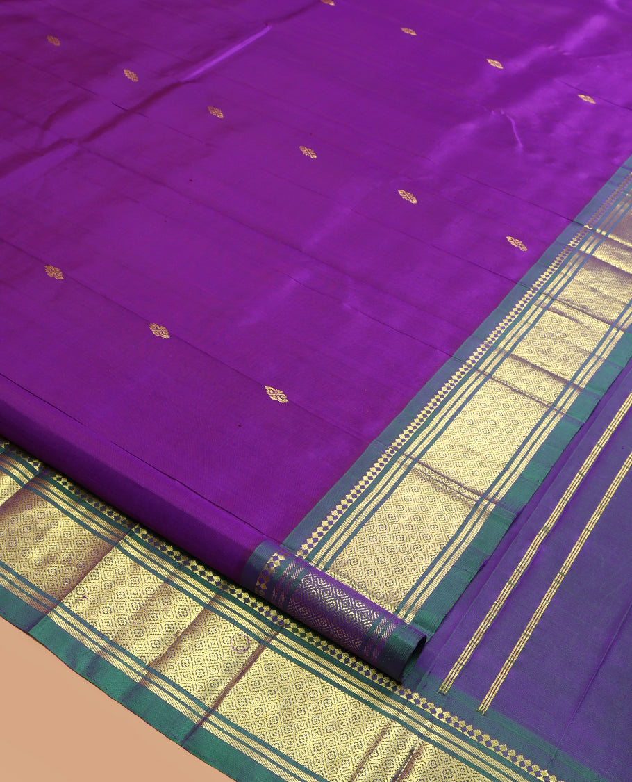 Purple Kanchipuram Silk Saree, Accentuated with Zari Buttas, a Contrast One-Sided Border of Paneer Sombu, Banaras and Jaal Design, Zari Design Pallu, and No Blouse