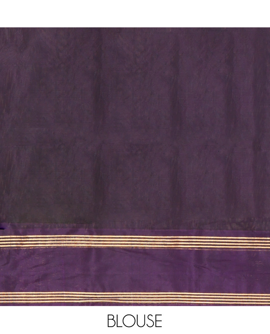 Grey Silk Cotton Saree, Subtly Sparkled With Stripes All Over Its Body Complemented by Contrast Zari Motifs Woven Border, Geometric Patterned Pallu and Paired with a Contrast Blouse