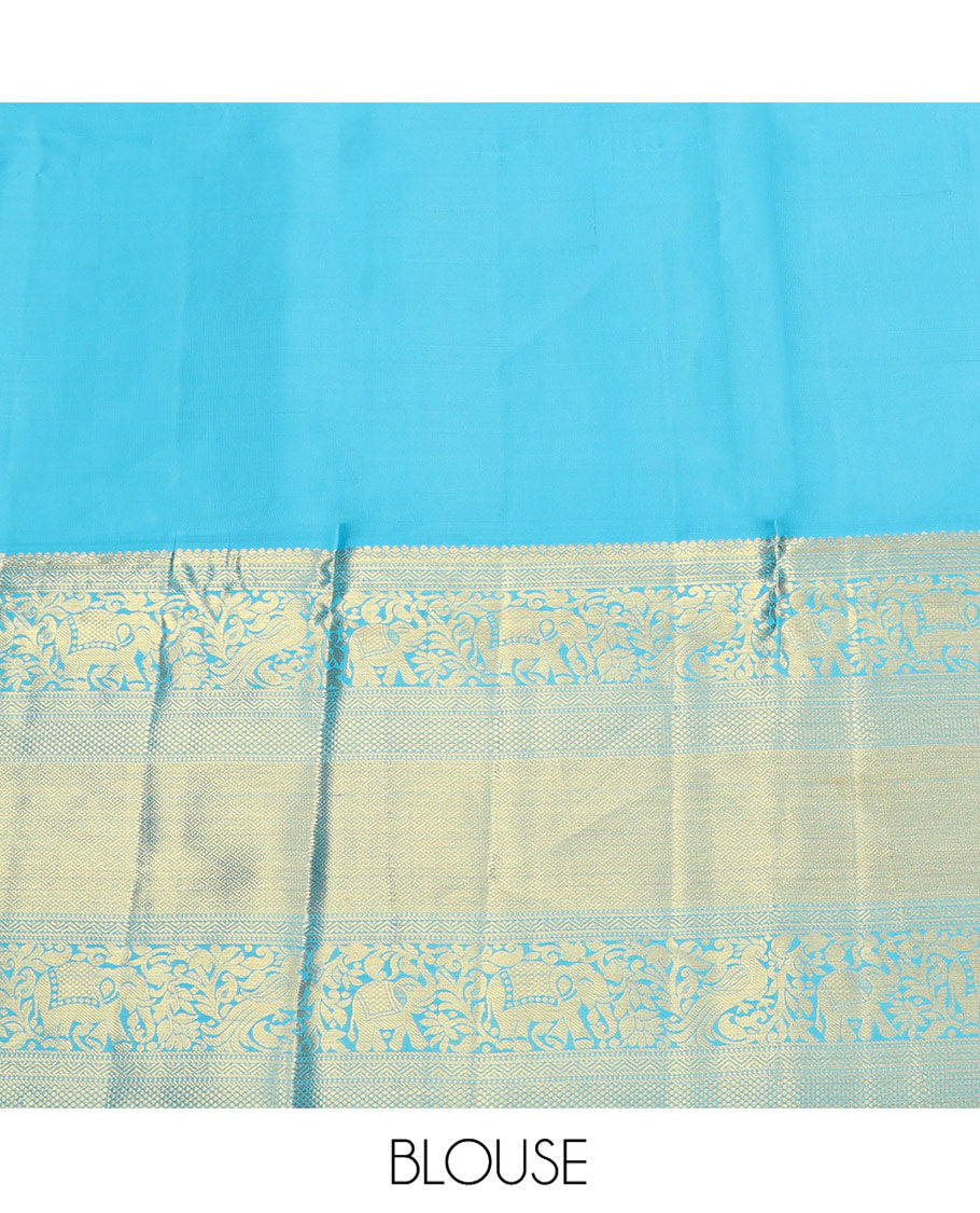 Violet Pure Silk Half-Saree, Gracefully Embellished with Floral Jacquard All Over Its Skirt, Complemented by a Contrast Border of Mayil, Yaanai, Mayil Kann, and Jaal Designs, Paired with a Contrast Blouse, and Comes with a Zari Design Dhavani