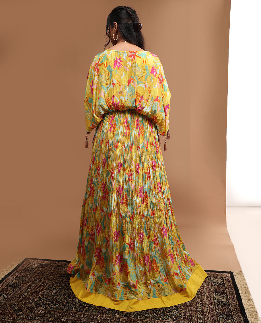 Yellow floral design v neck, elbow sleeve, floor length top