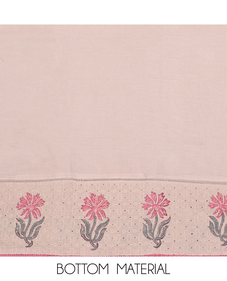 Chikku-Pink Cotton Material Churidar Set Features Floral Print and Neck Patch Top, Contrast Bottom, and Print-Embroidered Dupatta