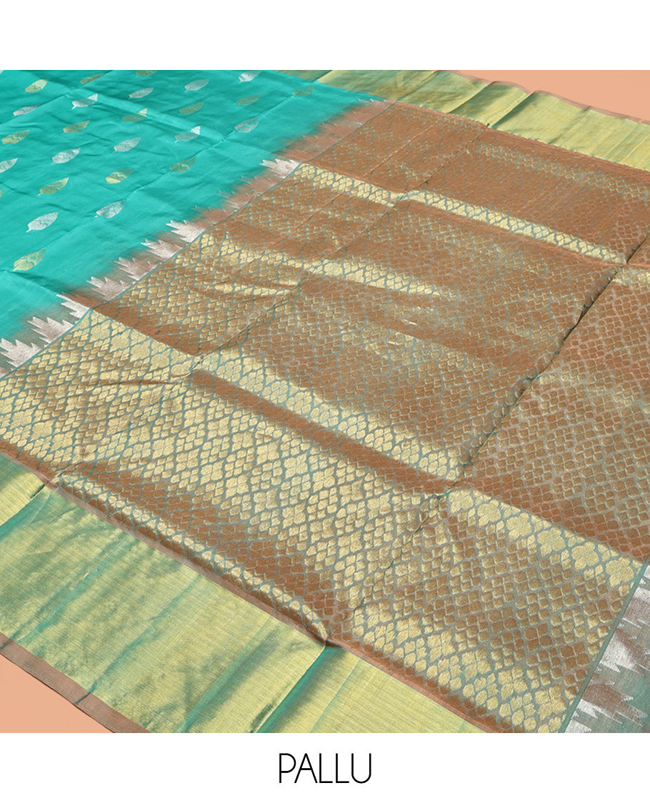 Green Venkatagiri Silk Saree, Subtly Sparkled with Zari Buttas All Over Its Body, Complemented by a Contrast Zari Border, Grand Pallu, and Paired with a Contrast Blouse