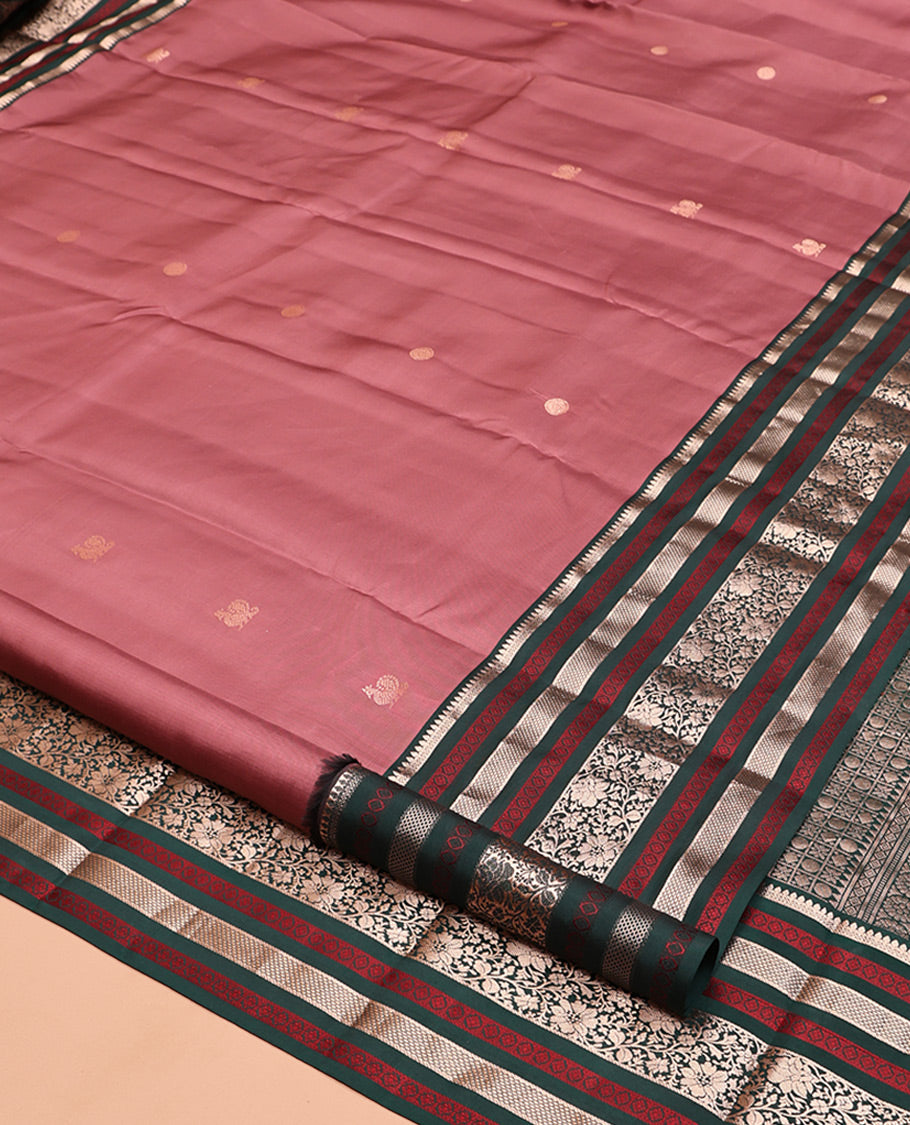 Pink Vasundhara Silk Saree, Detailed with Mayil and Chakram Buttas, Contrast Border of Thilakam and Kodi Visiry Designs, Buttas Enclosed Checked Pallu, and Contrast Blouse