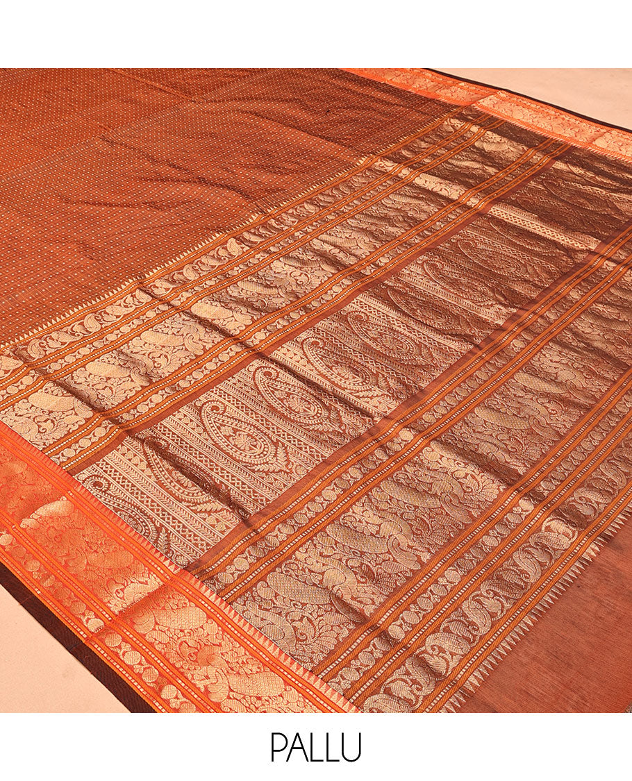 Brown Buttas Enclosed Checked Kuppadam Silk Saree, a Contrast Peacock Border, Grand Pallu, Matching Blouse