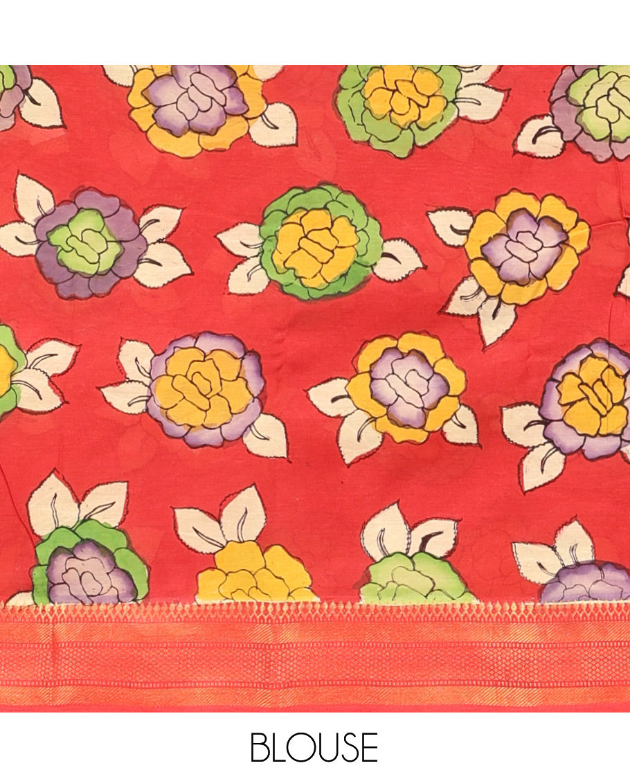 Purple Kalamkari Printed Semi-Banarasi Tussar Saree, Bedecked with Flora, Fauna, and Human Motifs, Contrast Traditional Border, Contrast Printed Pallu, and a Contrast Blouse