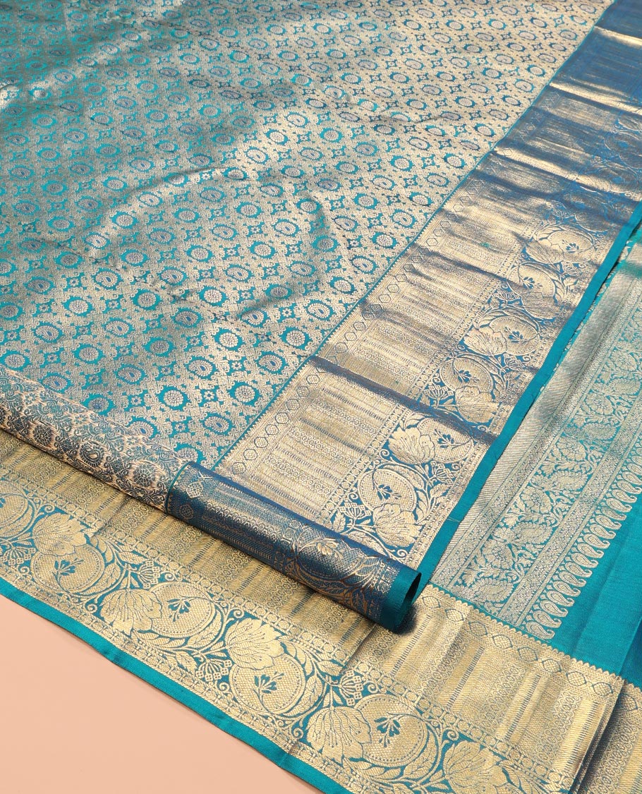 Blue Kanchipuram Wedding Silk Saree, Richly Detailed with Jacquard Design, a Zari Border of Rekku, Kathir, Laddu Kamalam, and Kodi Visiry, Grand Pallu, and a Matching Blouse