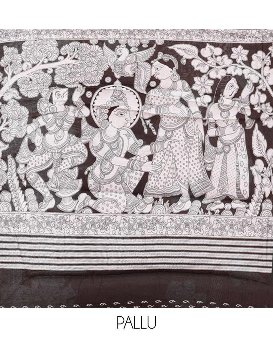 Maroon Chanderi Cotton Saree, Accentuated with Kalamkari Print, a Contrast Zari Border, Kalamkari Pallu, a Contrast Blouse